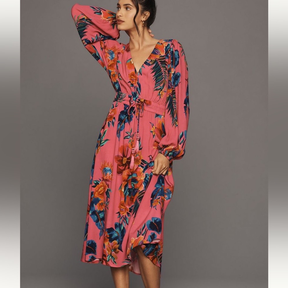 New FARM Rio Anthropologie Long Sleeve Pretty in Pink Floral Midi Dress